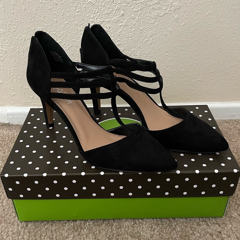 Kelly & Katie Viola-KK Black Suede Point Toe 3-Strap Heels